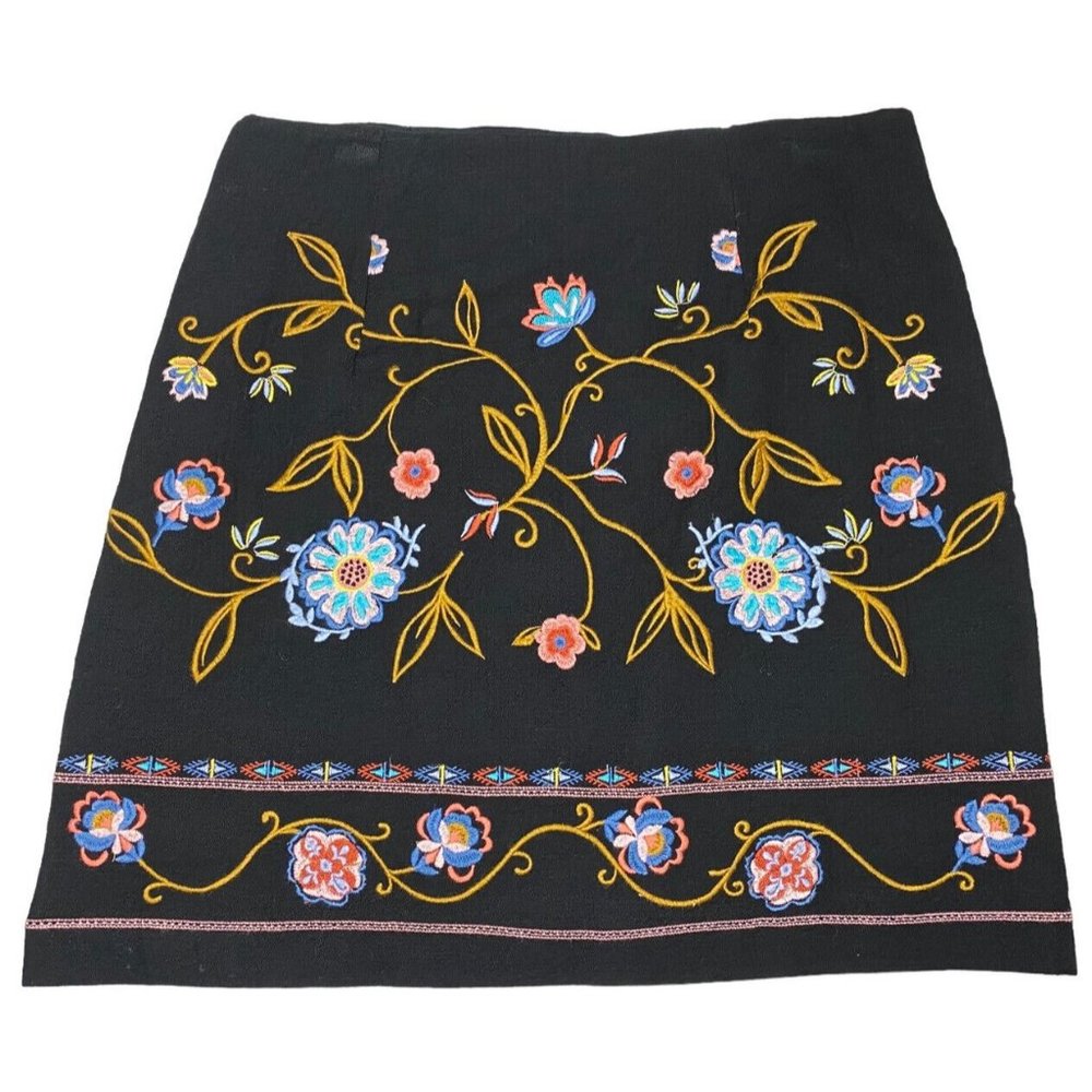 Ann Taylor Loft Skirt Womens 6 Black Floral Embroidered Mini Boho Straight NWT